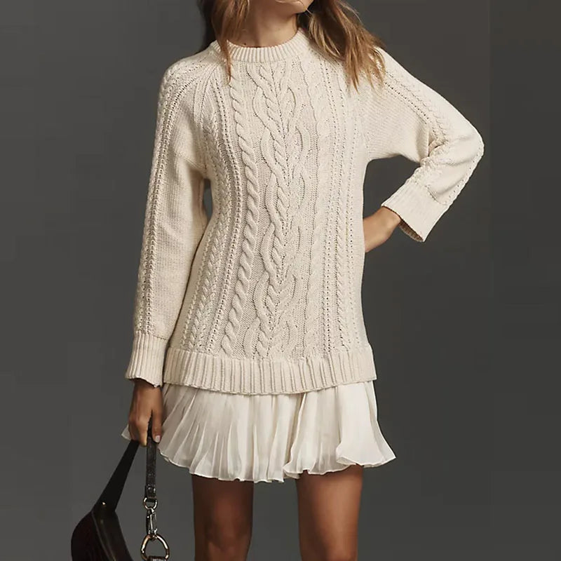 Cable Knit Ruffle Hem Long Sleeve Sweater Mini Dress 10