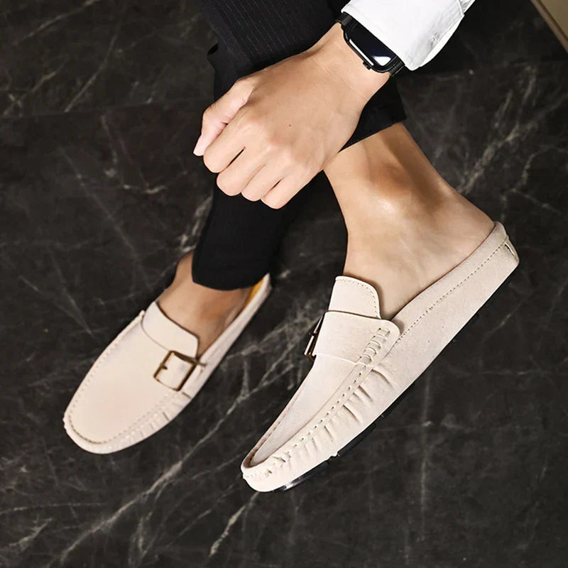 Suede-Look Buckle Backless Loafer Mules