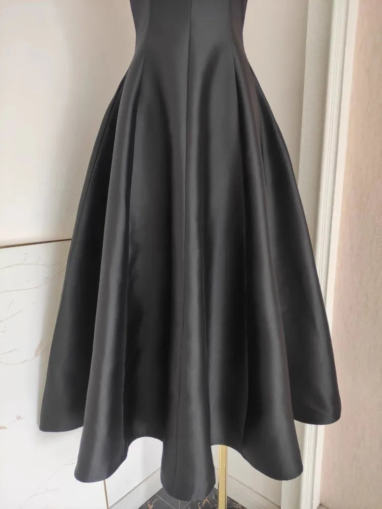 Satin Sweetheart Spaghetti Strap Fit and Flare Midi Dress