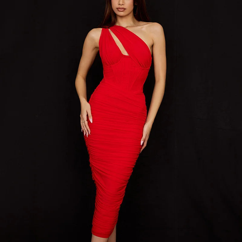 Mesh One Shoulder Backless Ruched Midi Dress - View 9