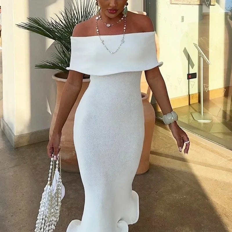 Off Shoulder Fold Over Knit Ruffle Hem Bodycon Midi Dress 17