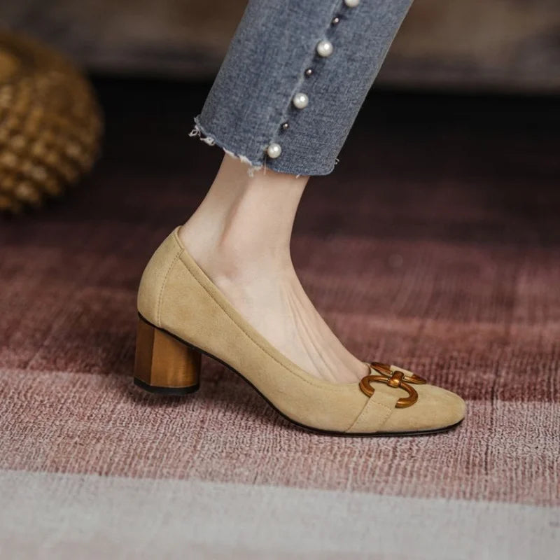 Suede Look Square Toe Metal Buckle Block Heel Pumps