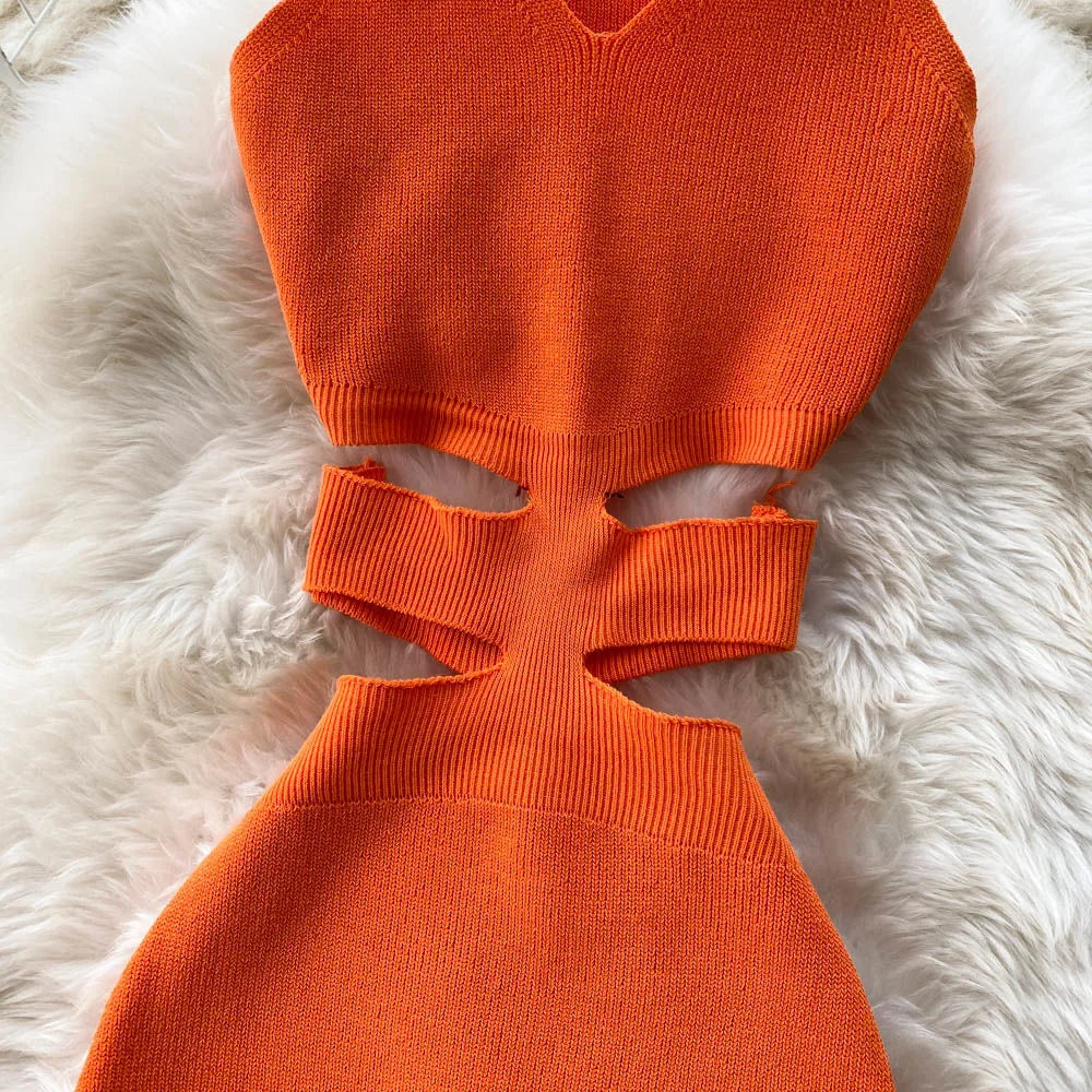 Rib Knit Deep V-Neck Waist Cut Out Side Slit Bodycon Midi Dress