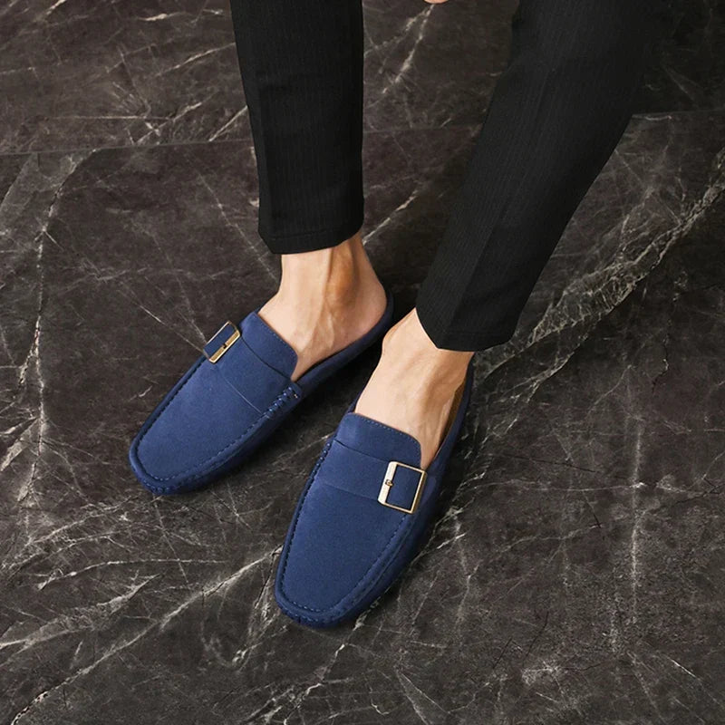Suede Look Buckle Strap Backless Loafer Mules