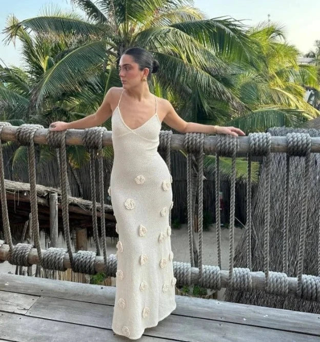 Knit V-Neck Spaghetti Strap Floral Applique Mermaid Maxi Dress