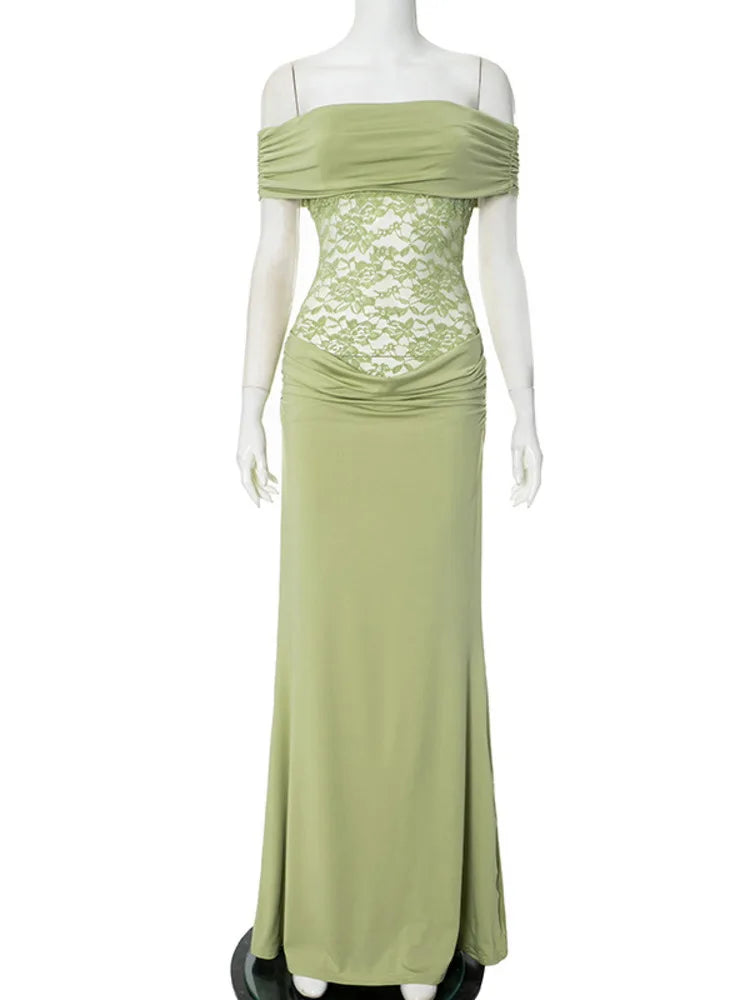 Off - shoulder Strapless Green Lace Sheer Long Dress