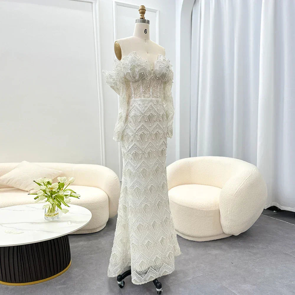 Beaded Off Shoulder Long Sleeve Mermaid Maxi Gown