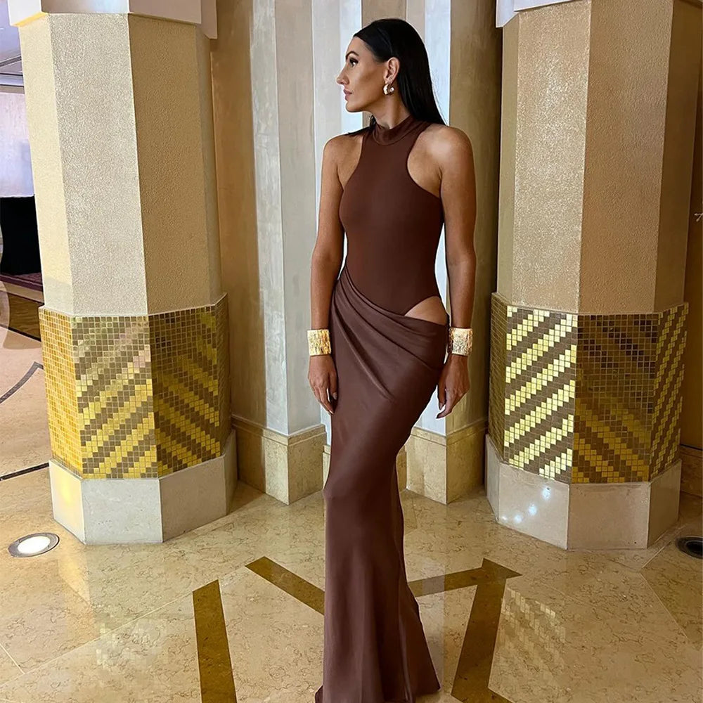 Halter Neck Sleeveless Ribbed Bodice Draped Waist Satin Maxi Gown