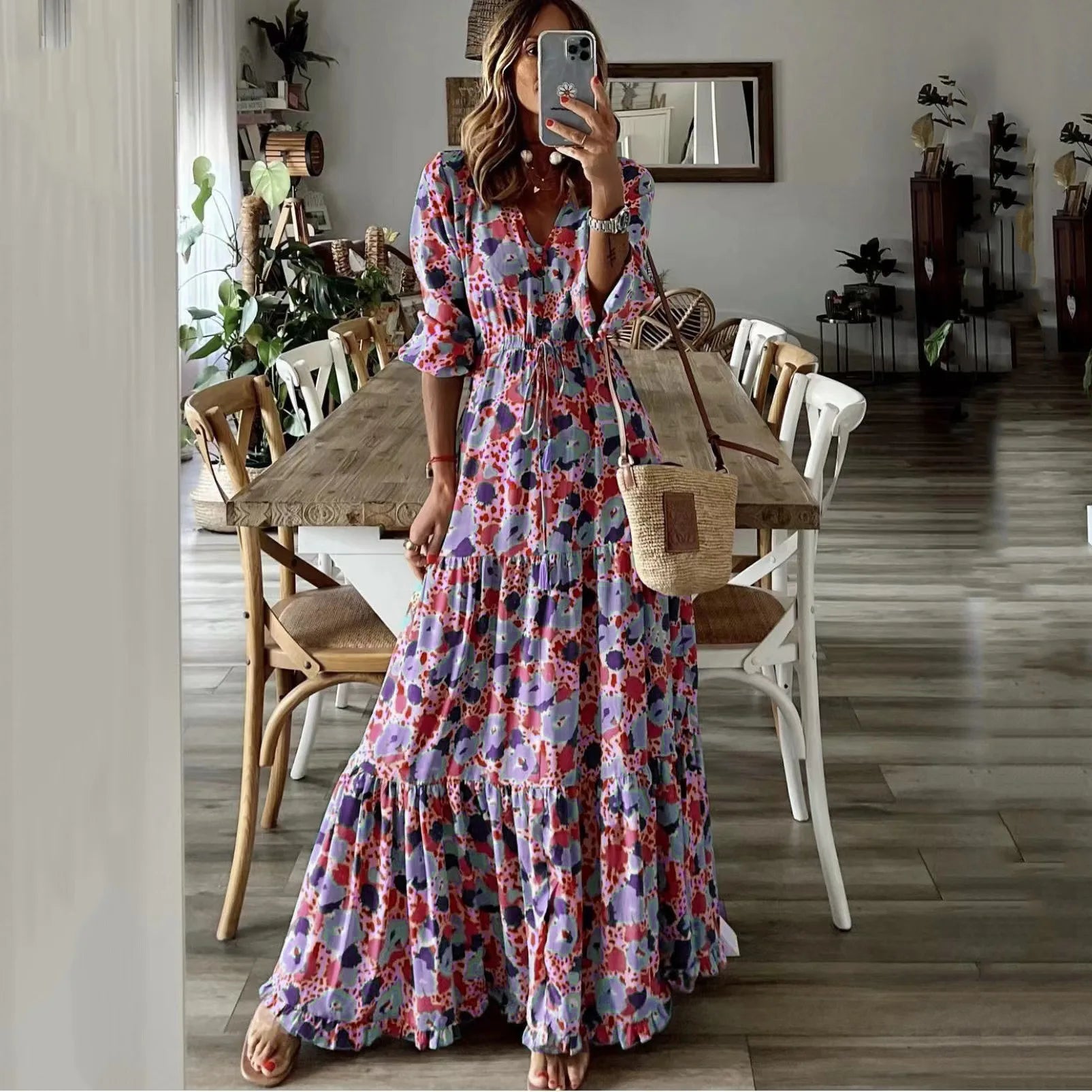 Printed Lace Up Swing Maxi Dress - View 5