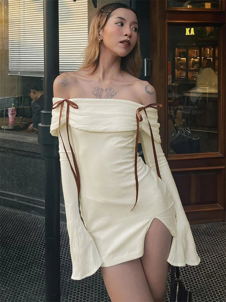 Knit Off Shoulder Long Sleeve High Split Bodycon Mini Dress