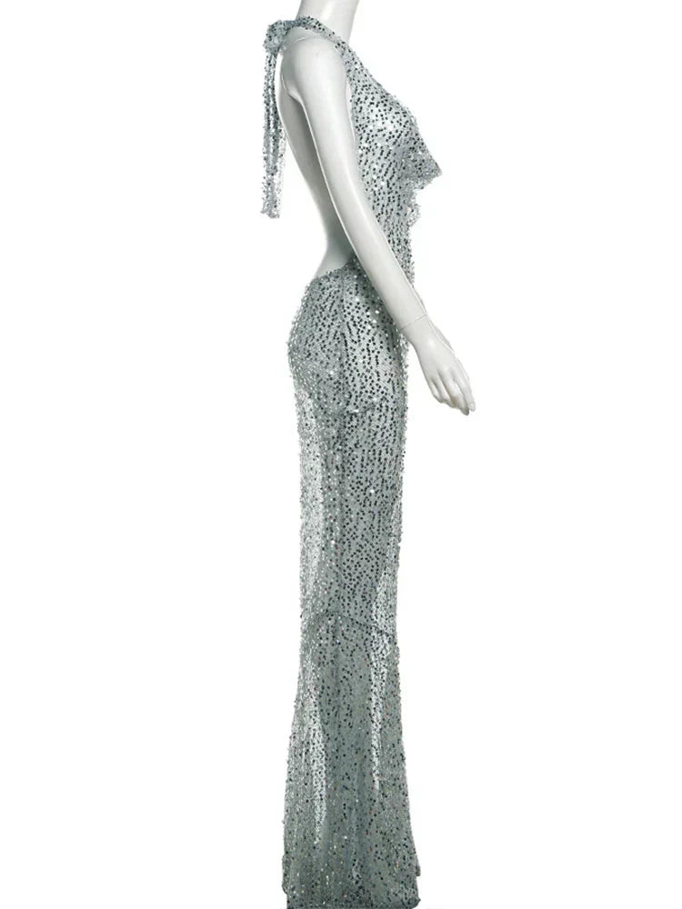 Sequin Halter Neck Deep V-Neck Backless Mermaid Maxi Dress