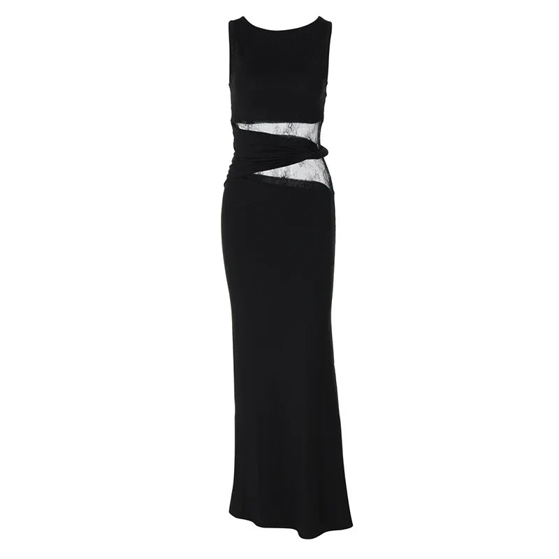 Asymmetric Neck Cap Sleeve Lace Waist Panel Bodycon Maxi Dress 14