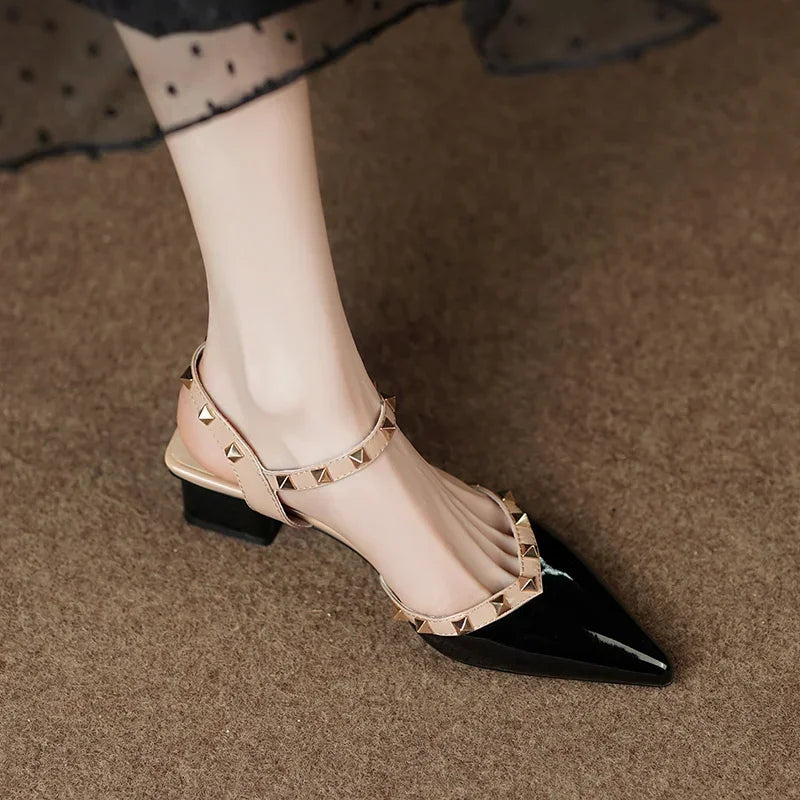 Pointed Toe Studded Slingback Block Heel Pumps