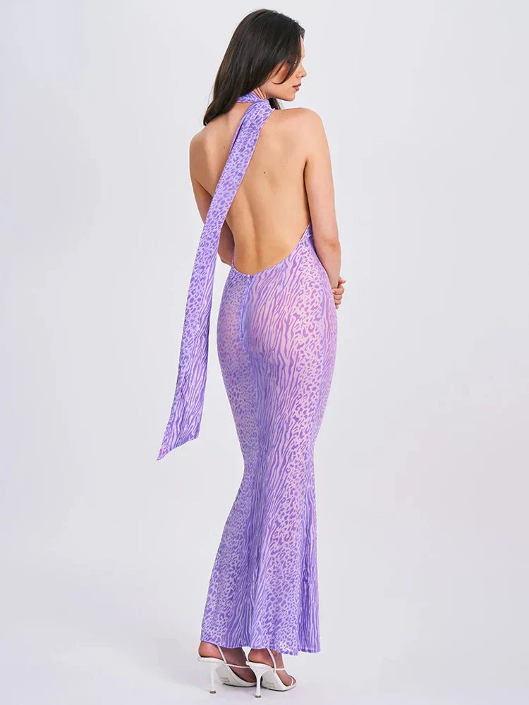 One Shoulder Neck Scarf Tie Animal Print Bodycon Mermaid Maxi Dress