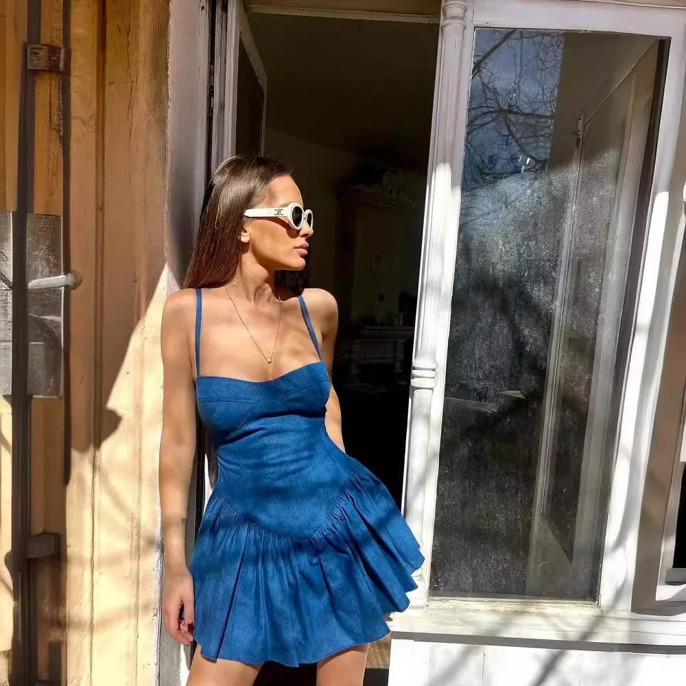 Denim Zip Spaghetti Strap Sheath Party Mini Dress - View 4