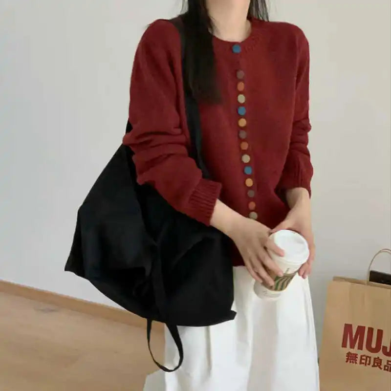 Crew Neck Button Front Ribbed Knit Cardigan