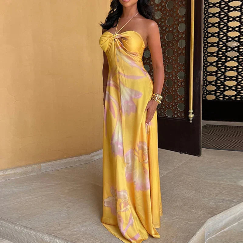 Satin Halter Neck Twist Front Slim Maxi Dress