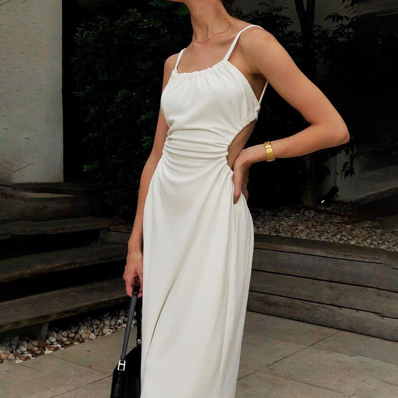 Spaghetti Strap Gathered Neck Side Cut Out Ruched Waist Midi Dress