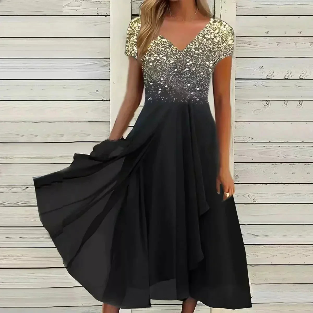 Chiffon V-Neck Cap Sleeve Ombre Bodice Flowy Pocket Maxi Dress