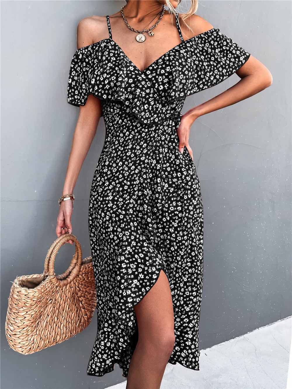 Olga Minimalist Dress Flowers and Off Shoulder Elevated Occasion Wear