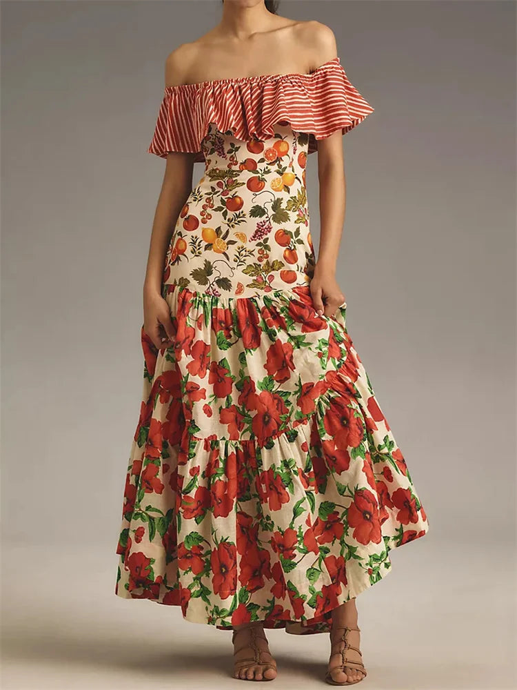 Floral and Fruit Print Off Shoulder Striped Ruffle Tiered Maxi Dress