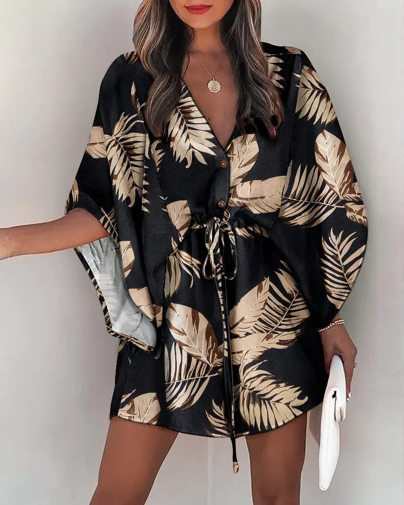 Casual Flora Print Batwing Sleeve LaceUp Dress