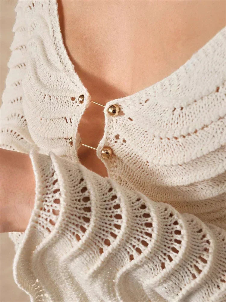 Open Knit Bell Sleeve Keyhole Metal Bar Back Tie Maxi Dress