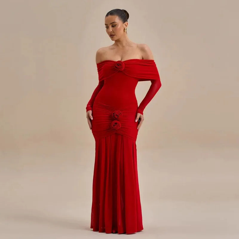 Off Shoulder Long Sleeve Rosette Mermaid Gown