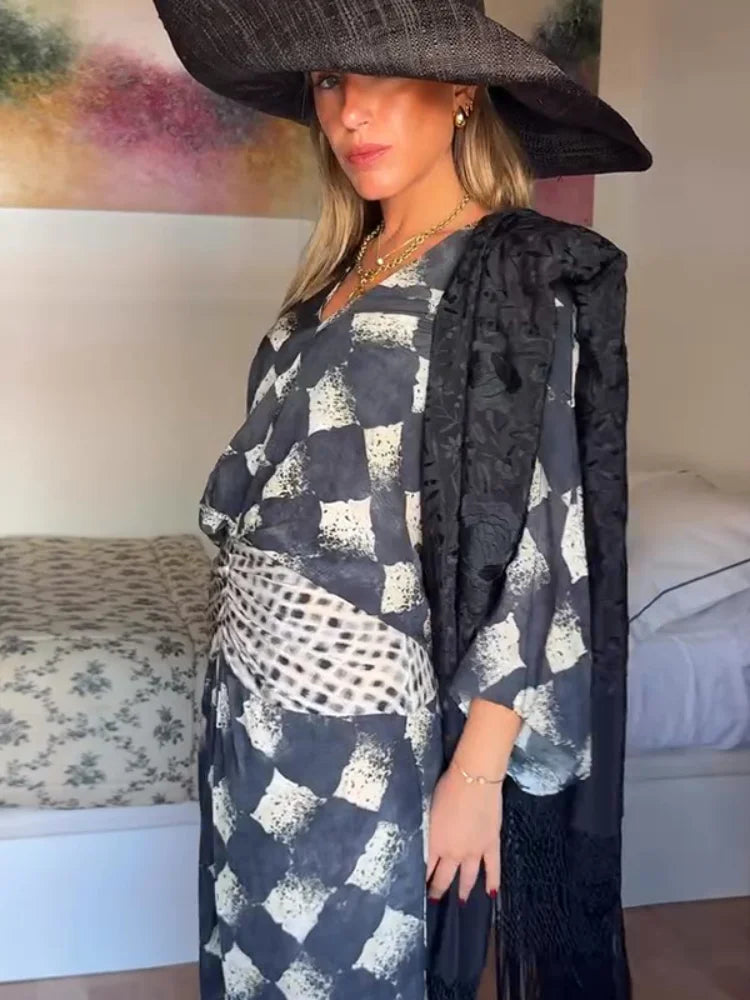 Checkerboard Print Kimono Sleeve Top and Wide Leg Pants Two Piece Set