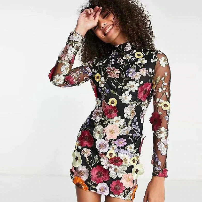 Mesh Floral Embroidered Long Sleeve High Neck Backless Cut Out Gown