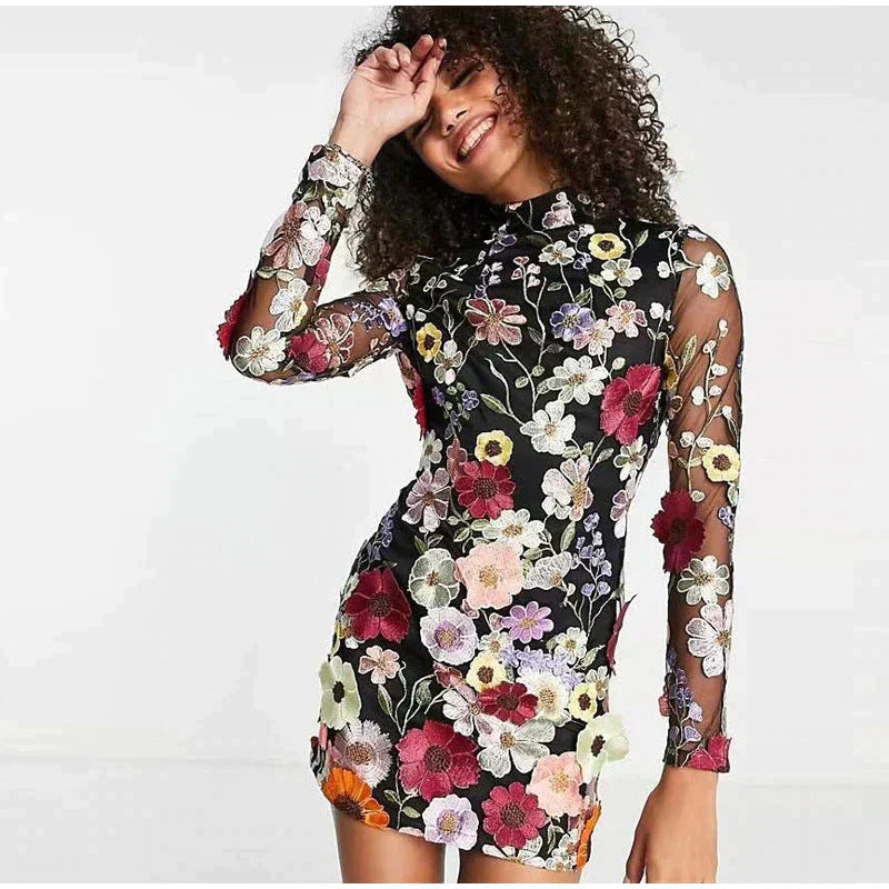 Floral Embroidery Mesh Long Sleeve Mock Neck Bodycon Mini Dress