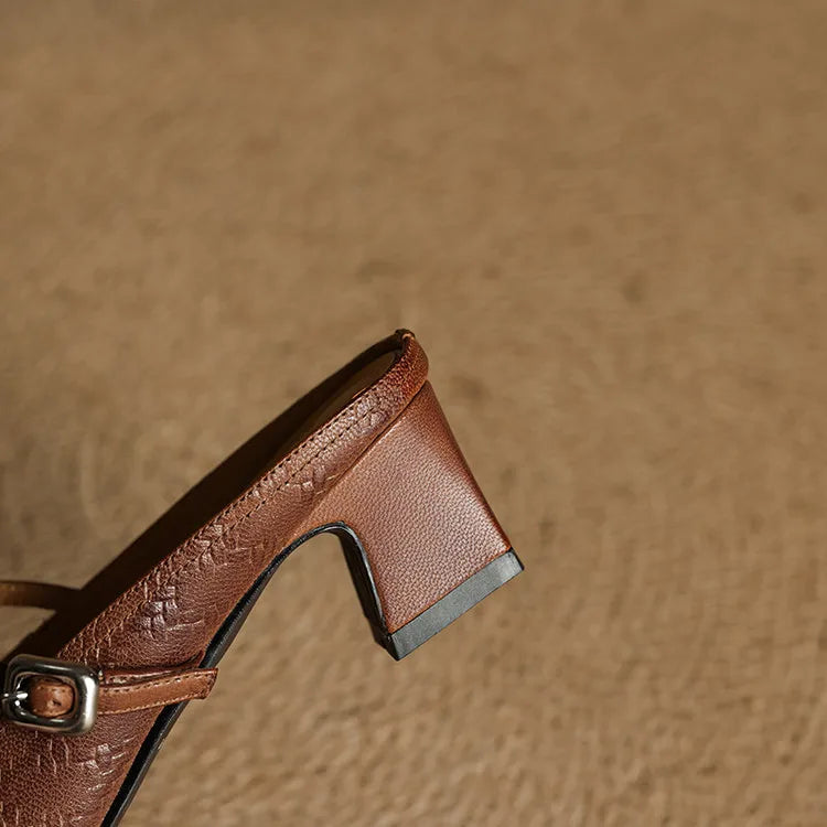 Embossed Square Toe Buckle Strap Block Heel Mary Jane Pumps