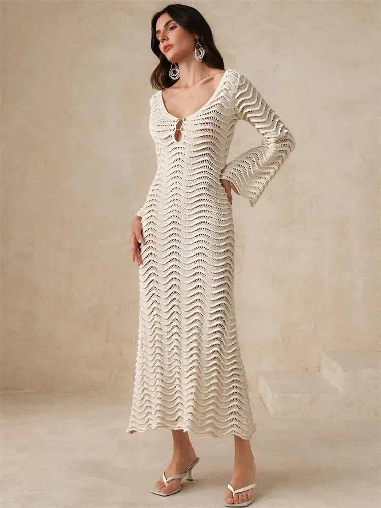 Open Knit Bell Sleeve Keyhole Metal Bar Back Tie Maxi Dress