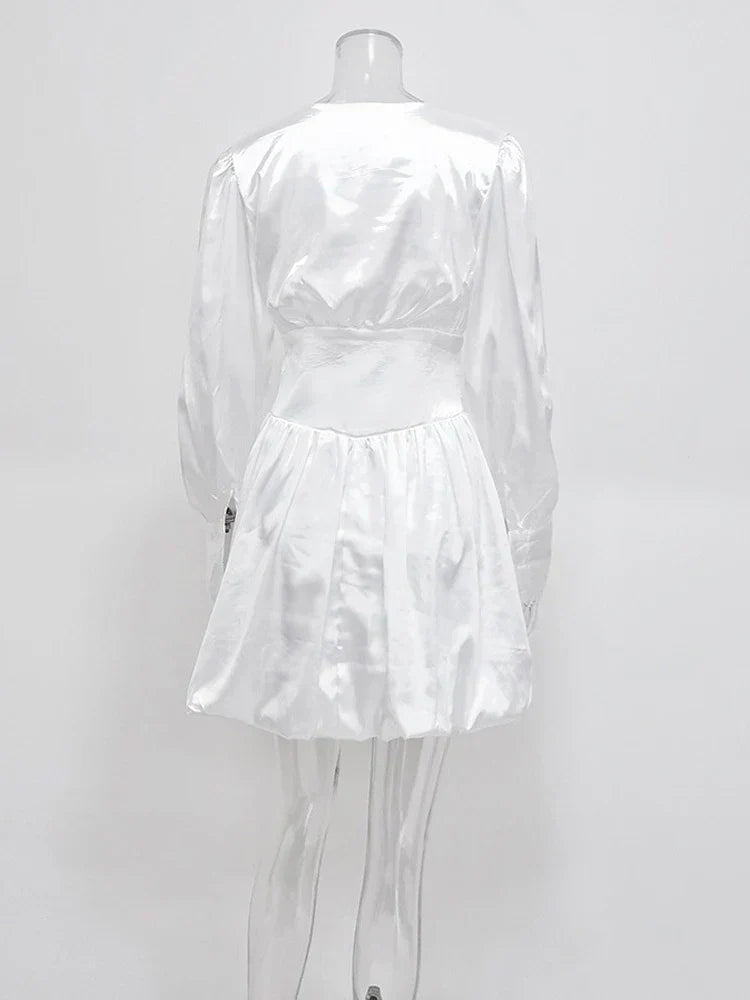 Deep V-Neck Puff Sleeve Corset Waist Bubble Skirt Mini Dress