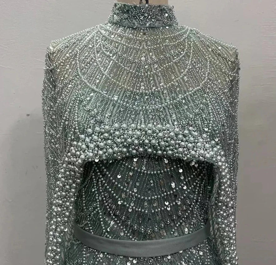 Beaded High Neck Cape Sleeve Sheer Mermaid Gown
