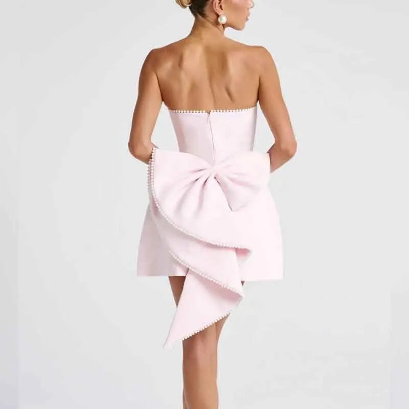Pearl Trim Strapless Bow Back Fit and Flare Mini Dress