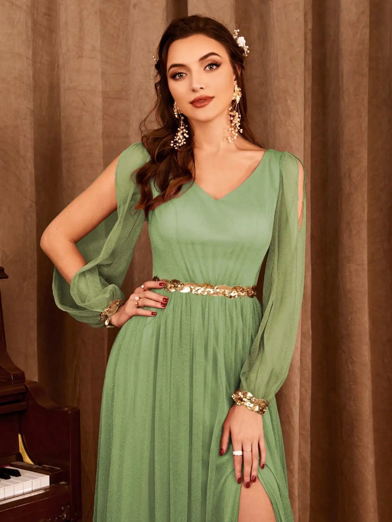 Gauze Applique Slit V-neck Maxi Dress - View 6