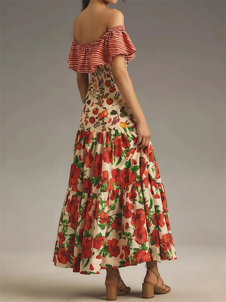 Slash Neck Ruffle Cocktail Floral Dress - View 4