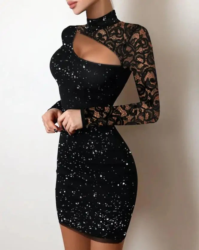 Glitter Mock Neck Lace Long Sleeve Cut Out Bodycon Mini Dress
