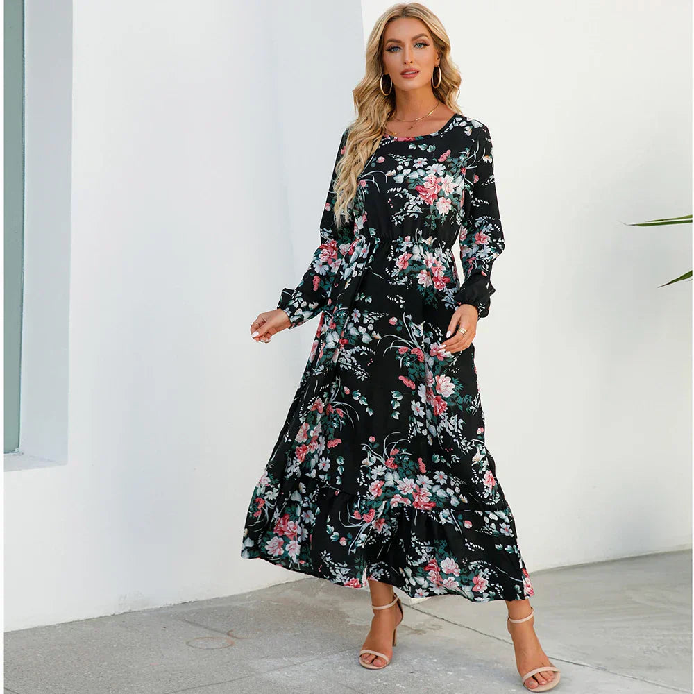 Floral Long Sleeve Tiered Ruffle Boho Maxi Dress