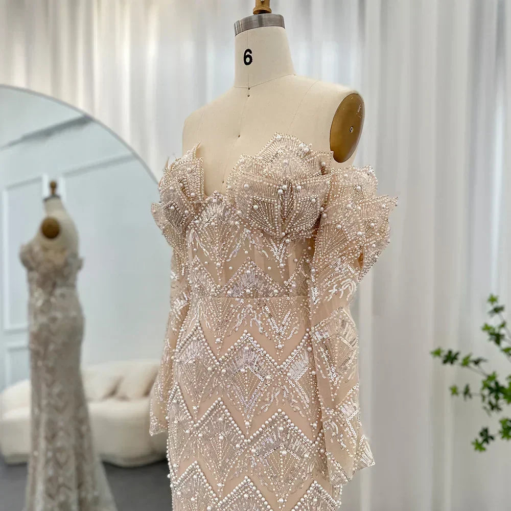 Beaded Off Shoulder Long Sleeve Mermaid Maxi Gown