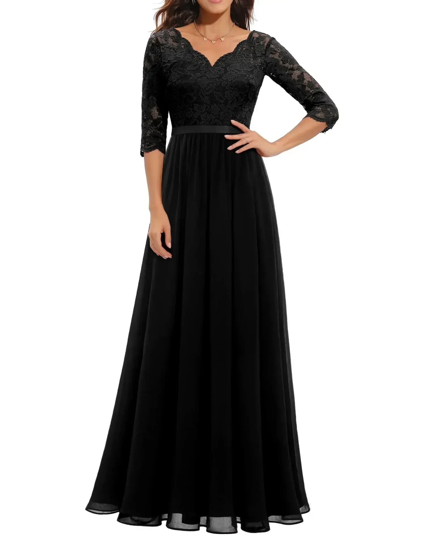 Lace V-Neck Chiffon A-Line Maxi Dress 3