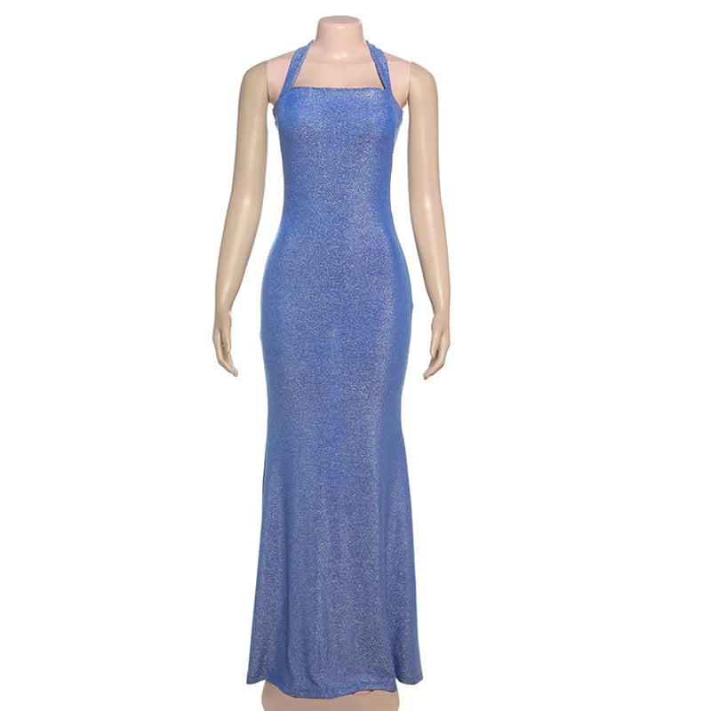 Glitter Halter Neck Backless Bodycon Mermaid Maxi Dress