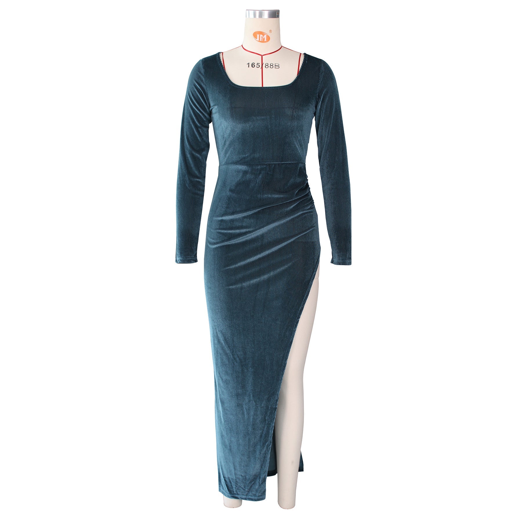 Refined Velvet High Waist Slit Maxi Dress Long Sleeve Evening Party Dress