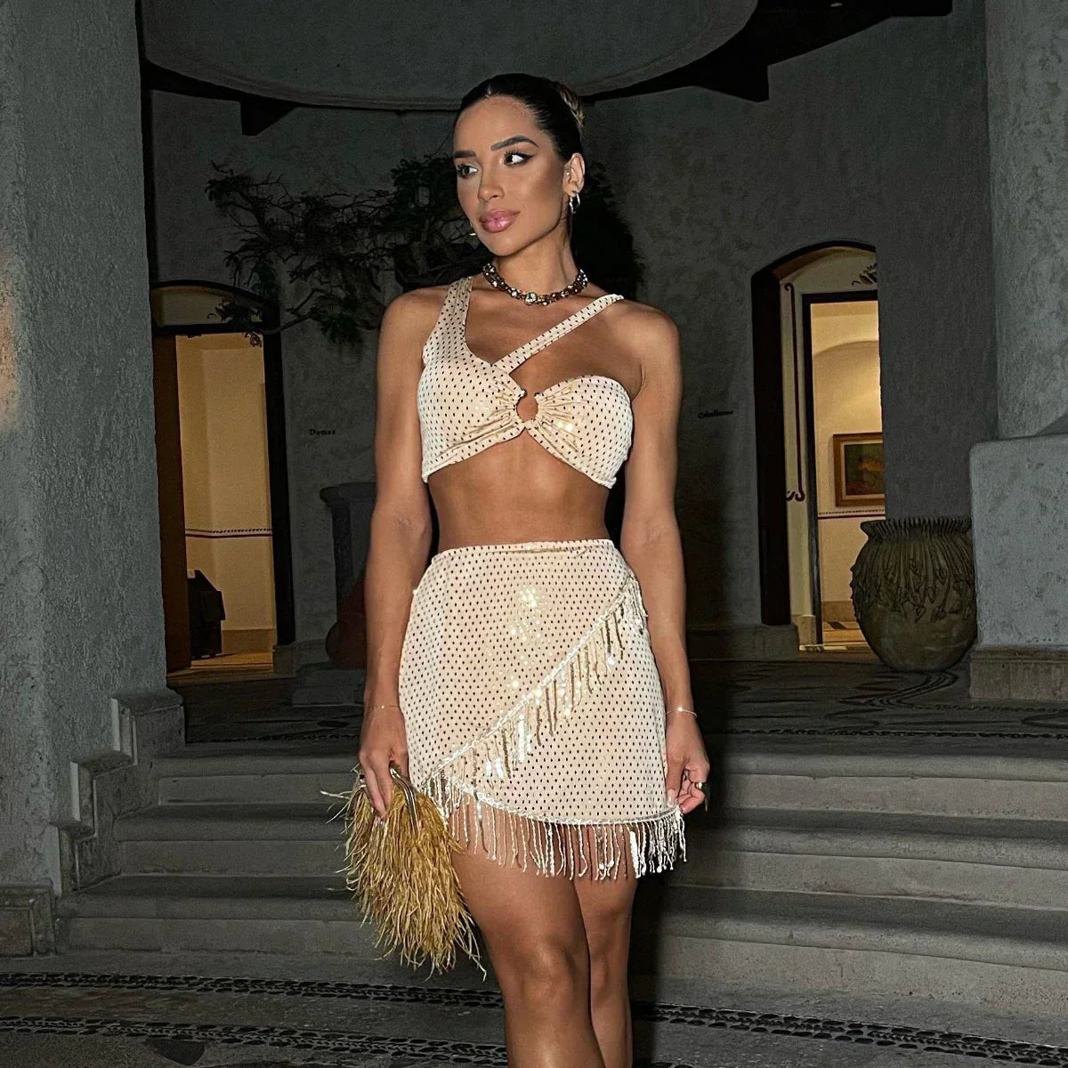 Leopard Print Halter Crop Top Fringe Mini Skirt Two Piece Set