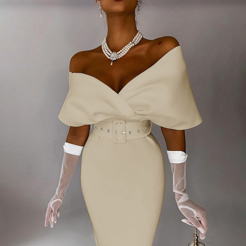 Satin Deep V-Neck Batwing Sleeve Belted Bodycon Midi Dress