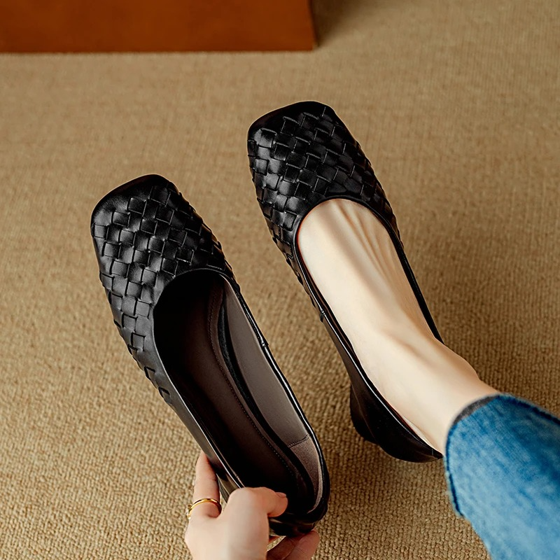 Woven Square Toe Low Block Heel Pumps