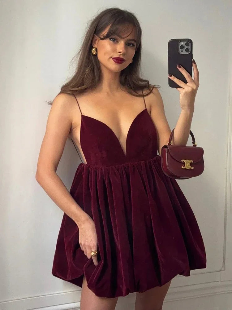 Velvet Deep V-Neck Spaghetti Strap Bubble Hem Mini Dress 2