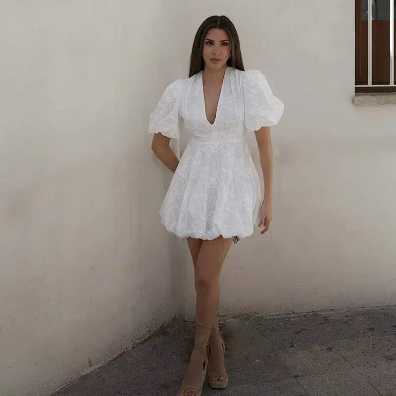 Floral Emboss Puff Sleeve Deep V-Neck Fit and Flare Mini Dress
