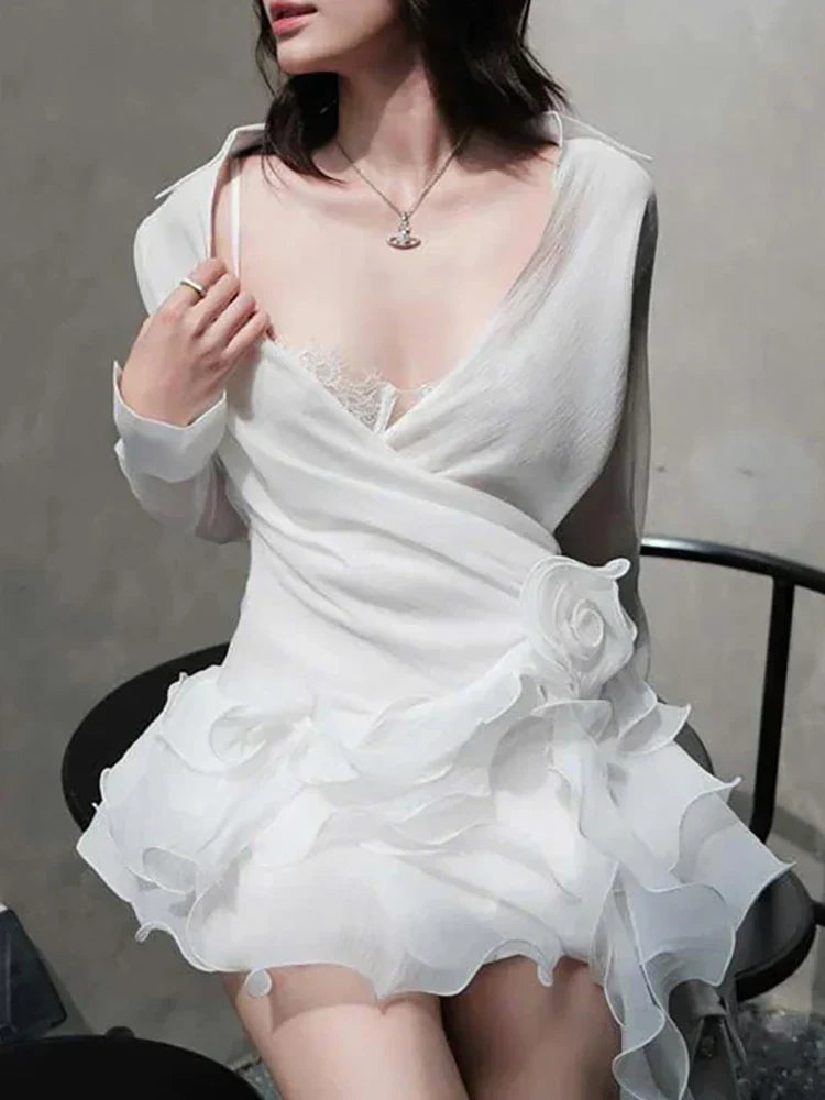 Sheer Long Sleeve Wrap Shirt Collar Rosette Tiered Ruffle Mini Dress